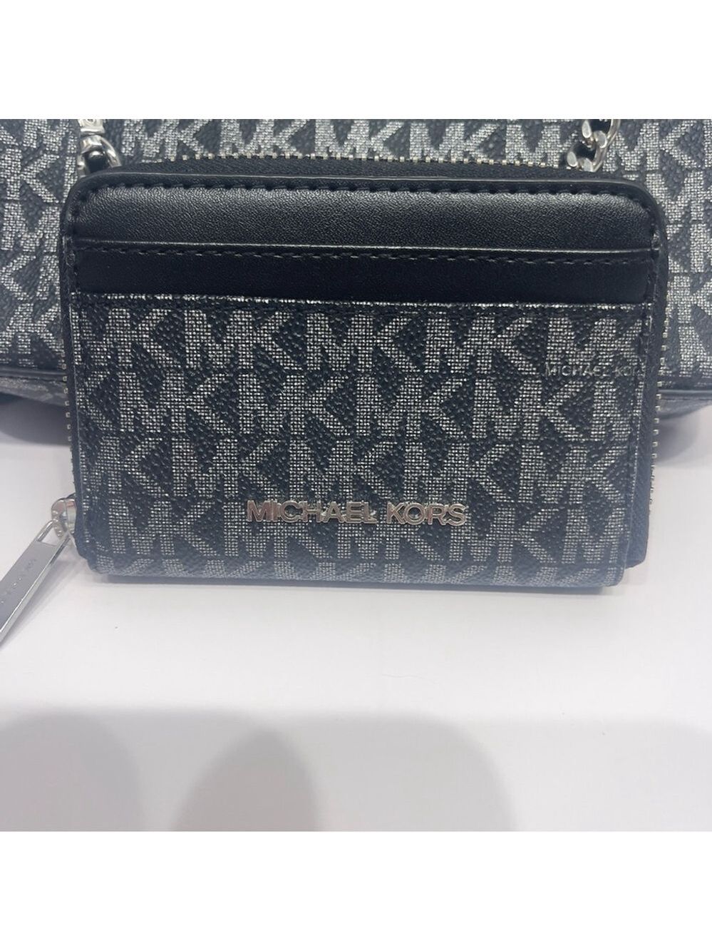 Michael Kors Chain Crossbody With Matching Wallet Set Silver Black Metallic Logo - Picture 8 of 10